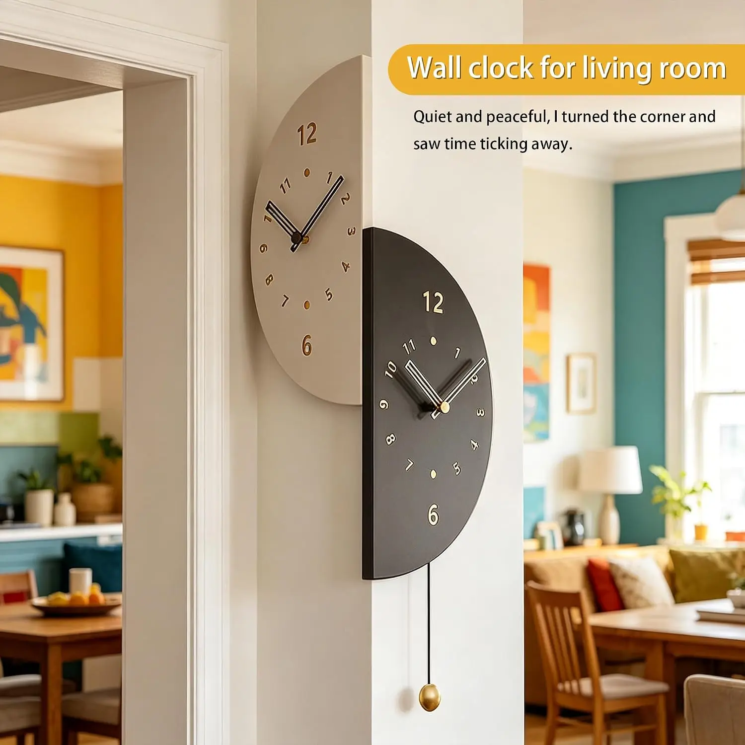 PSYCHE GOD Semicircular Double-Sided Corner Wall Clock with Pendulum - Metal Frame, Silent Sweep Quiet Motion Quartz Movement, Battery-Operated Vintage Boho Farmhouse Daily Use Home Decor for Living Room，wall art，artistic home accessory