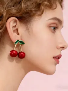 Cherry Earrings, Rustic Style Cherry Studs, Fresh Vacation Fruit Ear Rings, Simple Drip Oil Craft Jewelry, Pair of Elegant Ear Decorations, Lightweight Earring