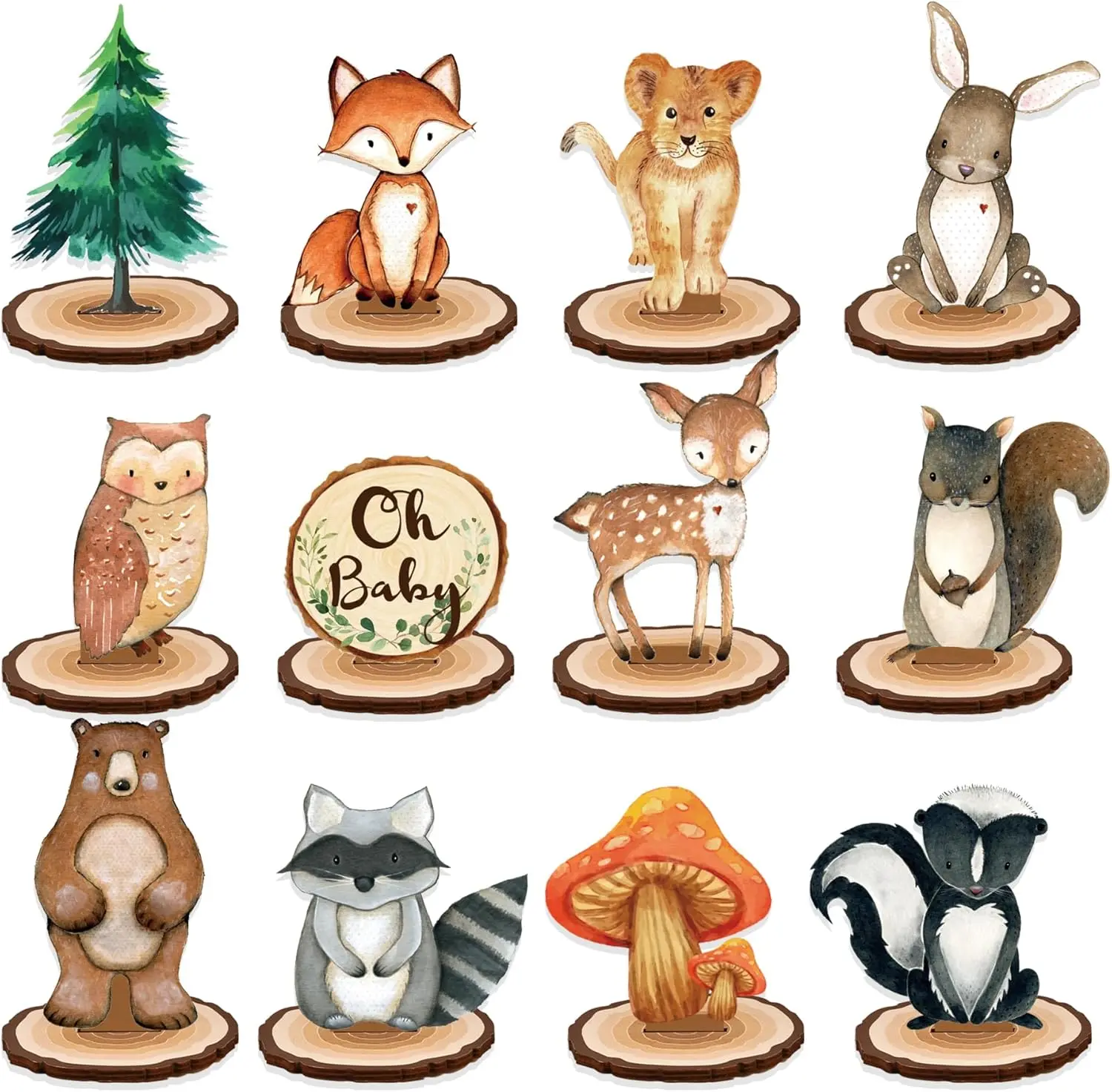 12Pcs Classic Round Wild Animal Wooden Cutout Centerpieces - Ornaments with Inserts, Gift Toppers for Baby Shower, Birthday, Childrens Day Tabletop Decor, Home & Festive Party Supplies