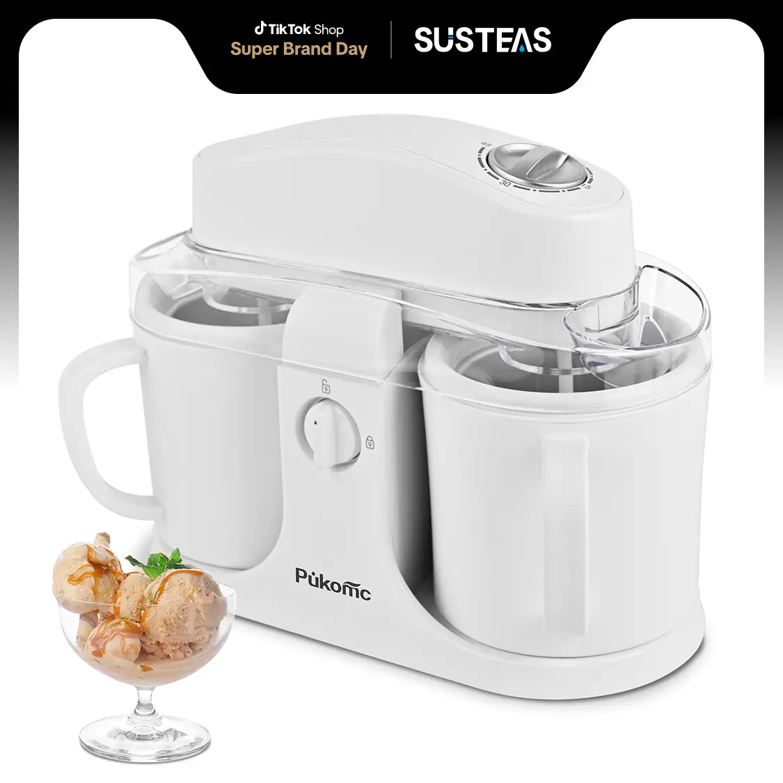 Pukomc Ice Cream Maker Machine for Home Use, with Two Ice Cream Bowls,Simple Operation and Easy to Clean,White