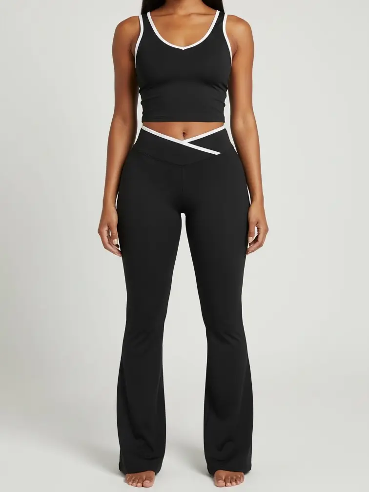 2 Pcs Stripe Neck And Waist Flared Pant Set for Women - Stylish and Comfortable Outfit
