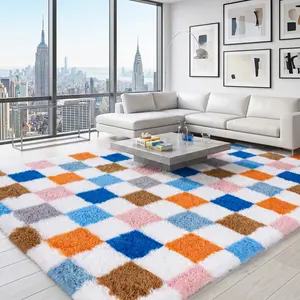 Ultra Soft Fluffy Shag Area Rugs, Colorful Checkered Non-Slip Plush Indoor Carpet for Living Room, Bedroom, Dorm, Aesthetic Home Decor