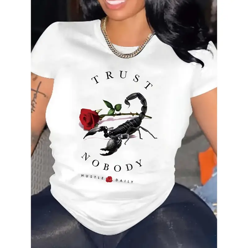 Women's TRUST NOBODY Slogan & Scorpion Graphic Graphic T-Shirt - 100% Cotton White Short Sleeve Crew Neck Regular Fit Casual Wear | Soft & Breathable Fabric, Durable Print, Everyday Comfort, Machine Washable, edgy streetwear casual daily wear