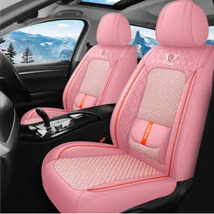 Breathable Ice Silk Nappa Leather Cute Pink Car Seat Covers Full Set 5 Seats Waterproof Summer Seat Cushions Universal Girl Car Accessories