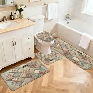 3/4pcs Bathroom Anti-Slip Mat Set, Vintage Floral Collage Design, Home Decor Shower Room Door Absorbent Mat, Soft Thickened Quick-Dry Carpet for Household Use, Toilet Laundry Room Accessory Foot Mat, Room Bedroom Entry Door Mat, Non-Slip Small Bath