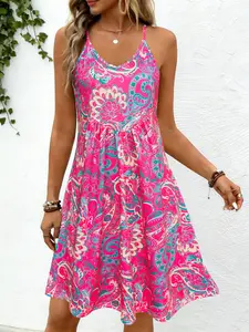 Spring Summer New Paisley Pattern Elegant Women's Dress, High Waist Slimming Design, Casual Party Beach Vacation Wear