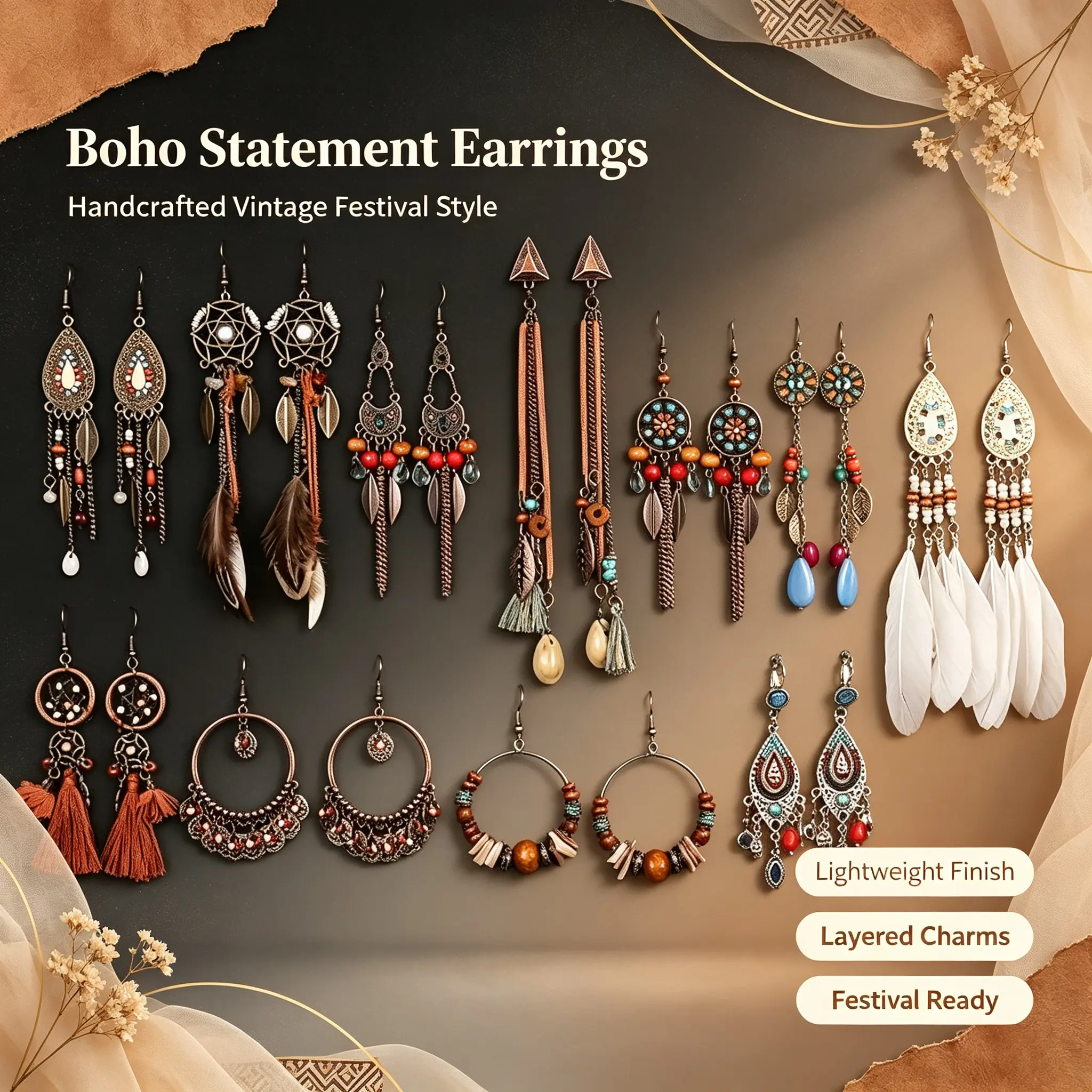 Women's Bohemian Tribal Long Tassel Earrings - Feather Accent Alloy Ethnic Fashion Earrings, Tropical Vacation Travel Wear Accessories