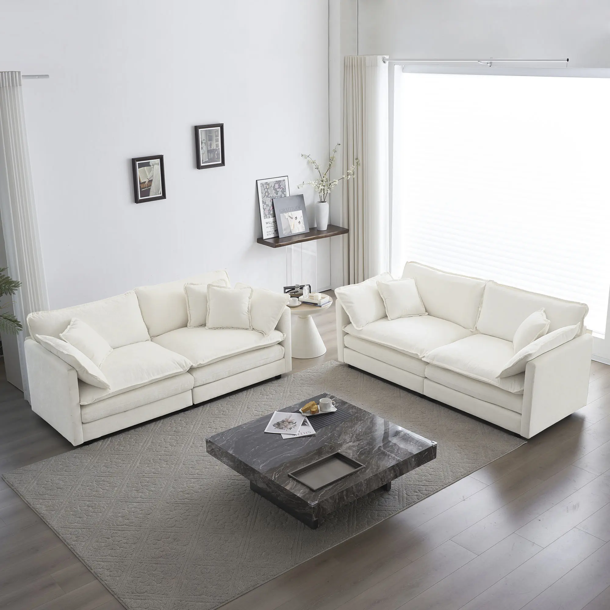2-Piece White Chenille Upholstered Living Room Set - 4-Seat Modular Loveseat & Couch, Comfortable Easy Assembly for Home Office Lounge, Living Room Decor