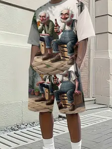 Men's 3D digital printing two-piece set, featuring a personalized cartoon elderly design. This 3D printed set is a trendy men's street casual T-shirt and shorts combination, perfect for fashionable outfits. It makes an ideal holiday gift for men.