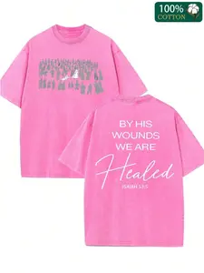 Plus Size S~5XL Washed Short Sleeved Double-Sided Printed T-Shirt, Made Of 100% Pure Cotton, With The Print Pattern Of "Christianity Baptized Because Of His Wound". Retro Hip-Hop Style, Street Y2K Printed Short Sleeved Top, Sports T-Shirt
