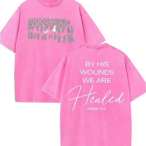Women's Plus Size S-5XL Loose Fit Casual Round Neck 100% Pure Cotton Fabric Washed Oversized Short-Sleeved T-Shirt, Double-Sided "Christianity Baptized Because Of His Wound" Print, Retro Hip-Hop Y2K Streetwear Top