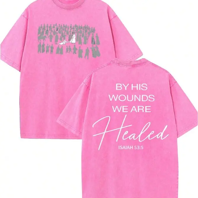 Women's Plus Size S-5XL Loose Fit Casual Round Neck 100% Pure Cotton Fabric Washed Oversized Short-Sleeved T-Shirt, Double-Sided "Christianity Baptized Because Of His Wound" Print, Retro Hip-Hop Y2K Streetwear Top