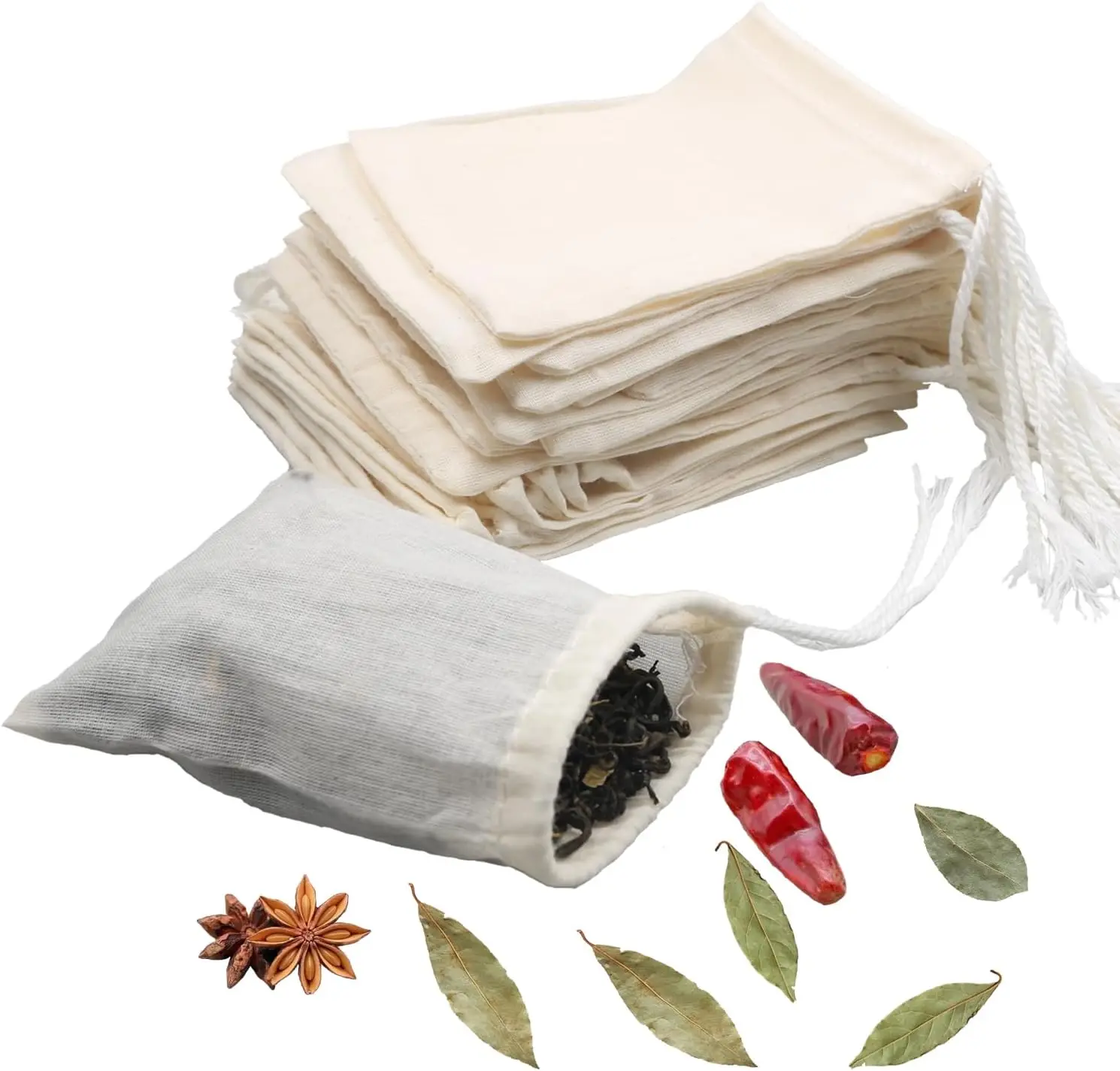 10Pcs Reusable Sturdy Muslin Tea Filter Bag Set, 3x4in Washable Natural Unbleached Cotton Cheesecloth Strainers for Cold Brew Coffee & Tea Brewing