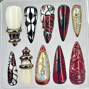 Gothic Rose Press On Nails, Handmade 3D Red Rose & Cross Nail Art with Gold Chains, Black Red Stiletto Acrylic Nails, Vampire Gothic Nail Set