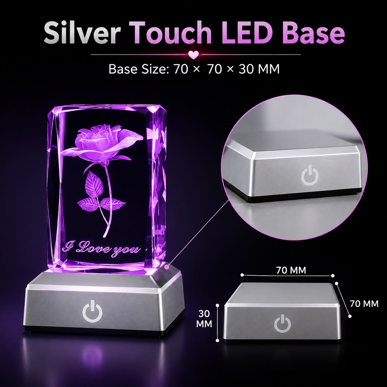 3D Laser Engraved Crystal Rose Custom Night Light with Touch LED Silver Base, Elegant Indoor Decorative Light, Bedroom Desk Decoration, Birthday/Valentine’s Day Gift for Home Improvement Lighting Accessories, Elegant Lighting, Led Ambient Lighting