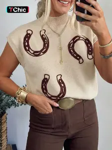 Summer Casual Everyday Animal Print Knit Sweater, Half High Neck Short Sleeve, Textured Horseshoe Pattern, Ribbed Hem, Women's Fashion Top, Fit