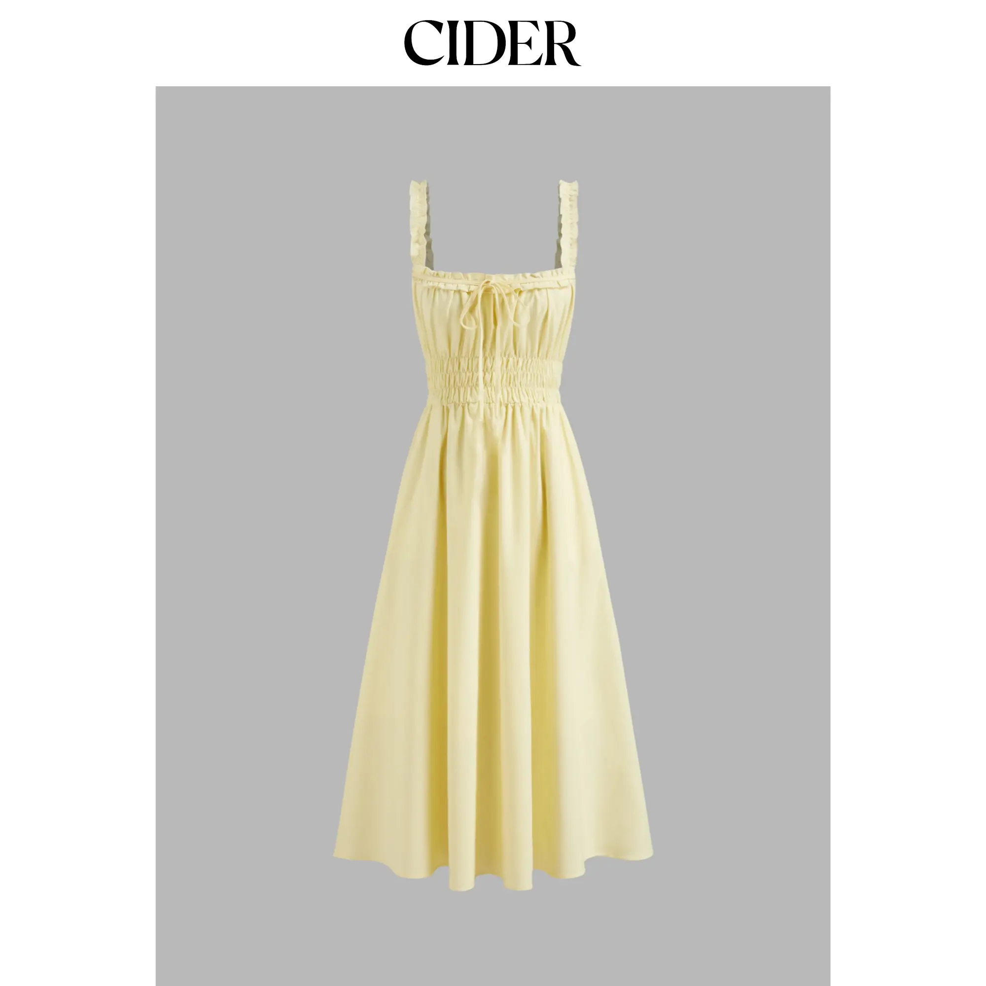 Cider Women's Casual Sleeveless Strap Basic Linen-Blend Lettuce Trim Knotted Shirred Cami Midi Dress, Clothes, Midi Length, Camisole Dress, Strappy