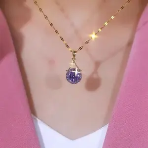 Shiny Purple Zircon Crystal Titanium Steel Necklace for Women, DDXL0020 New Light Luxury Niche High-End Clavicle Chain Necklace 14K Gold-Plated