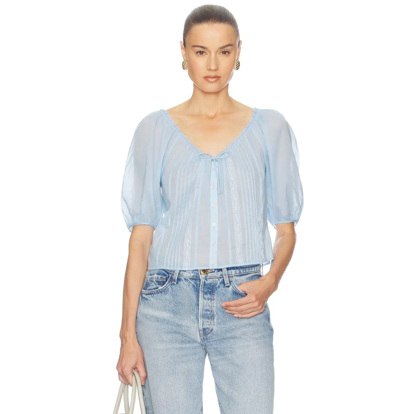 Helsa Voile Peasant Blouse in Light Blue
