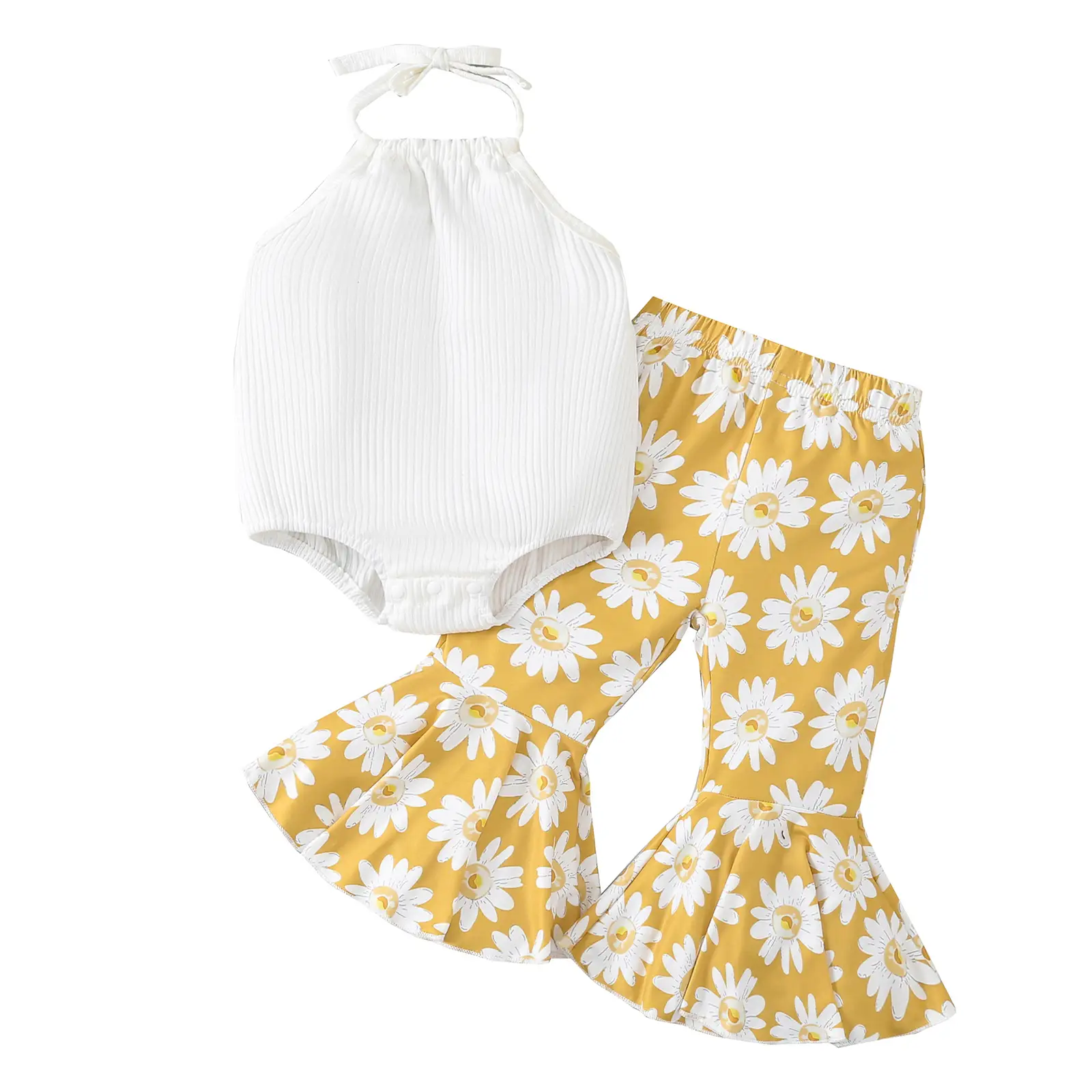 Toddler Baby Girl Sleeveless Halter Ribbed Solid Romper Sunflower Floral Print Flare Bell Bottoms Pants Outfit