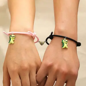 Dinosaur Couple Bracelet Set, Matching Magnetic Heart Cord Bracelets with Cute Green Dino Charms, 2-Piece Friendship Bracelets for Partners & Best Friends