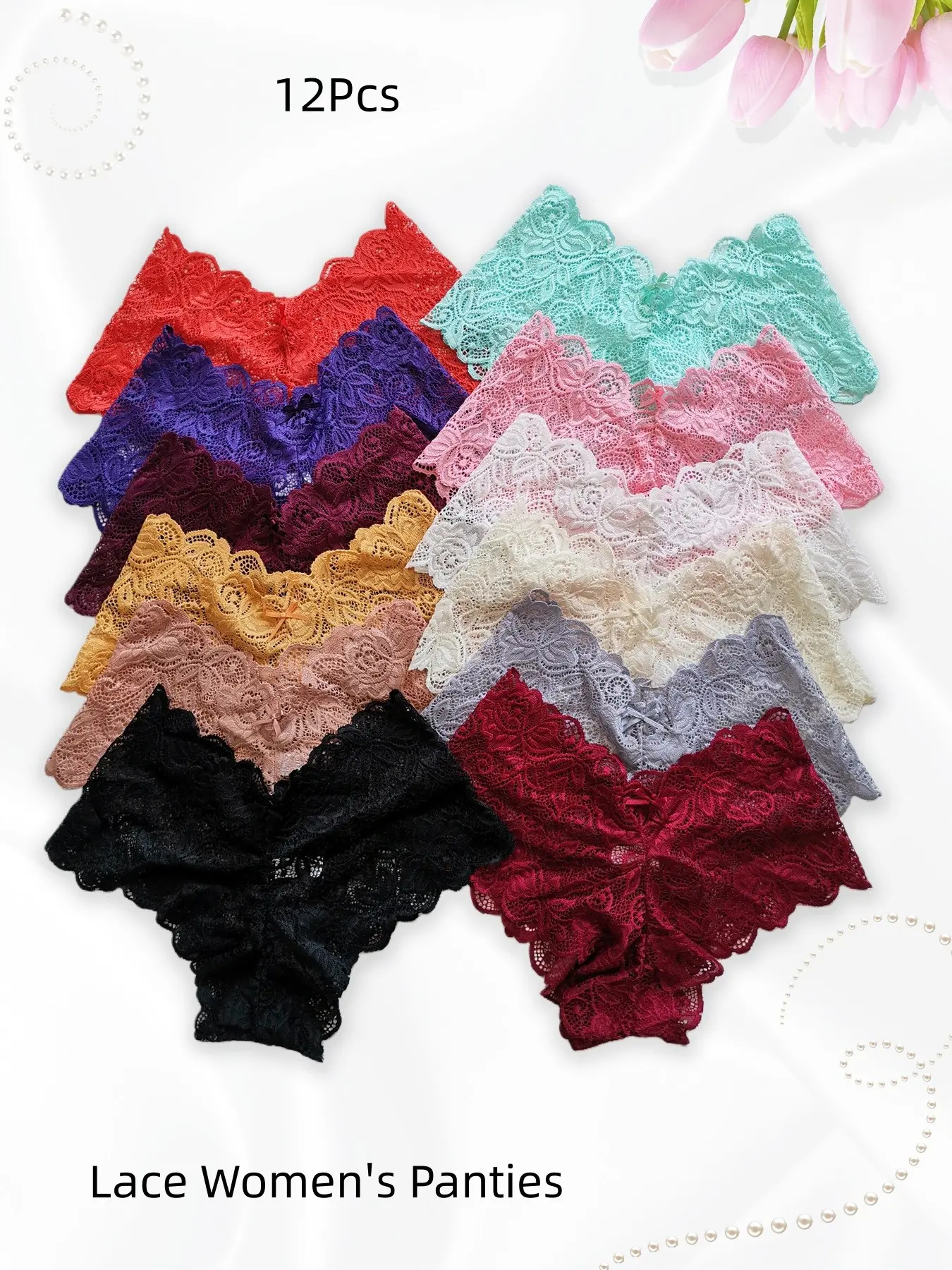 Women's Lace Floral Panties, Seamless & Breathable with Bow Accent, V-Cut Design, Soft Underwear (Multiple Colors Available)