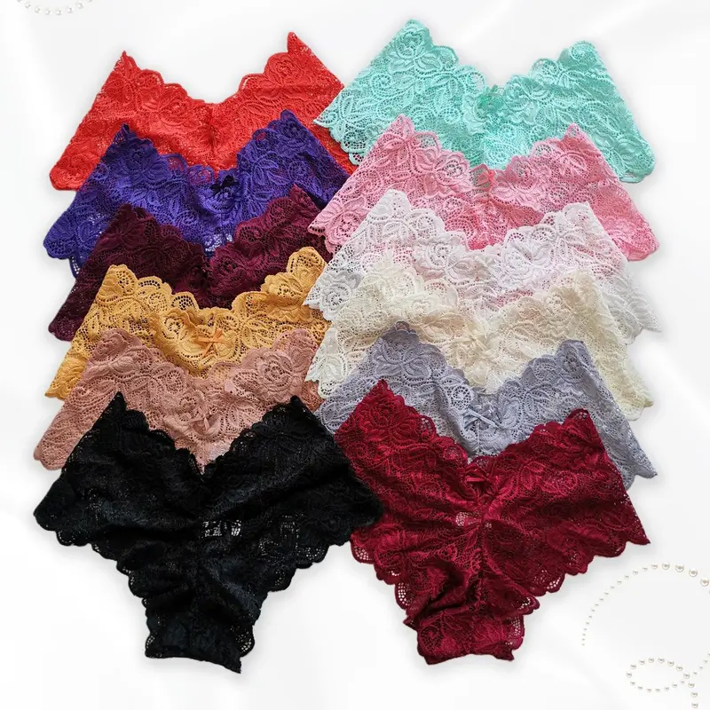 Women's Lace Floral Panties, Seamless & Breathable with Bow Accent, V-Cut Design, Soft Underwear Lingerie, Breathable Fit Panties (Multiple Colors Available)