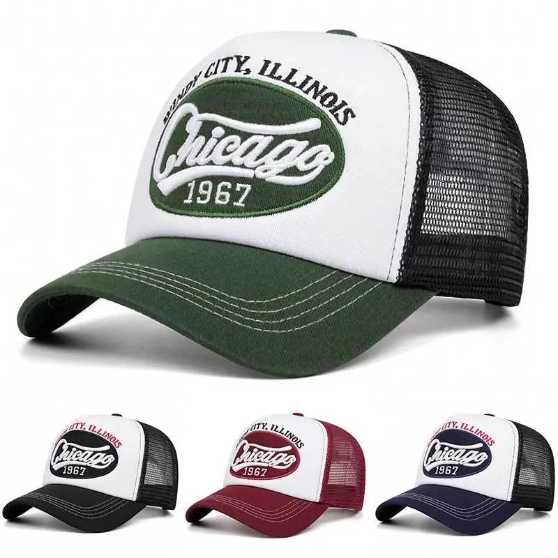 Chicago Embroidered Baseball Cap, Outdoor Sponge Mesh Cap, Summer Sunshade Breathable Mesh Trucker Cap
