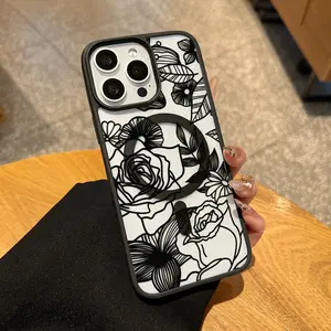 Retro floral line art MagSafe Phone Case for iPhone 17 Pro Max 16 15 Plus 14 13 12 Pro and Samsung Galaxy S25 S24 S23 , Cute and cool protective case with ultra-thin TPU shockproof frame.HY64