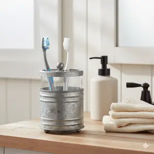 Autumn Alley Farmhouse Galvanized Toothbrush Holder – Glass & Metal with 3 Compartments
