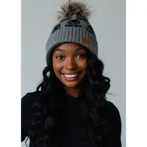 Skull Pattern Pom Hat - Gray
