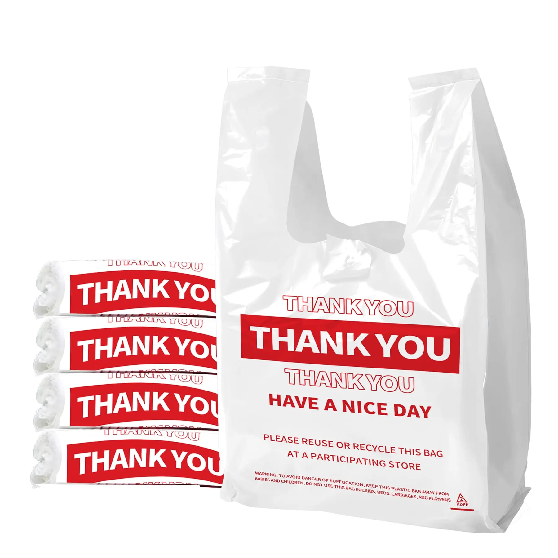 100 Pack White Thank You Plastic Bags with Handles, Heavy Duty T-Shirt Shopping Bags for Grocery, Retail Store, Small Business & Take-Out Use