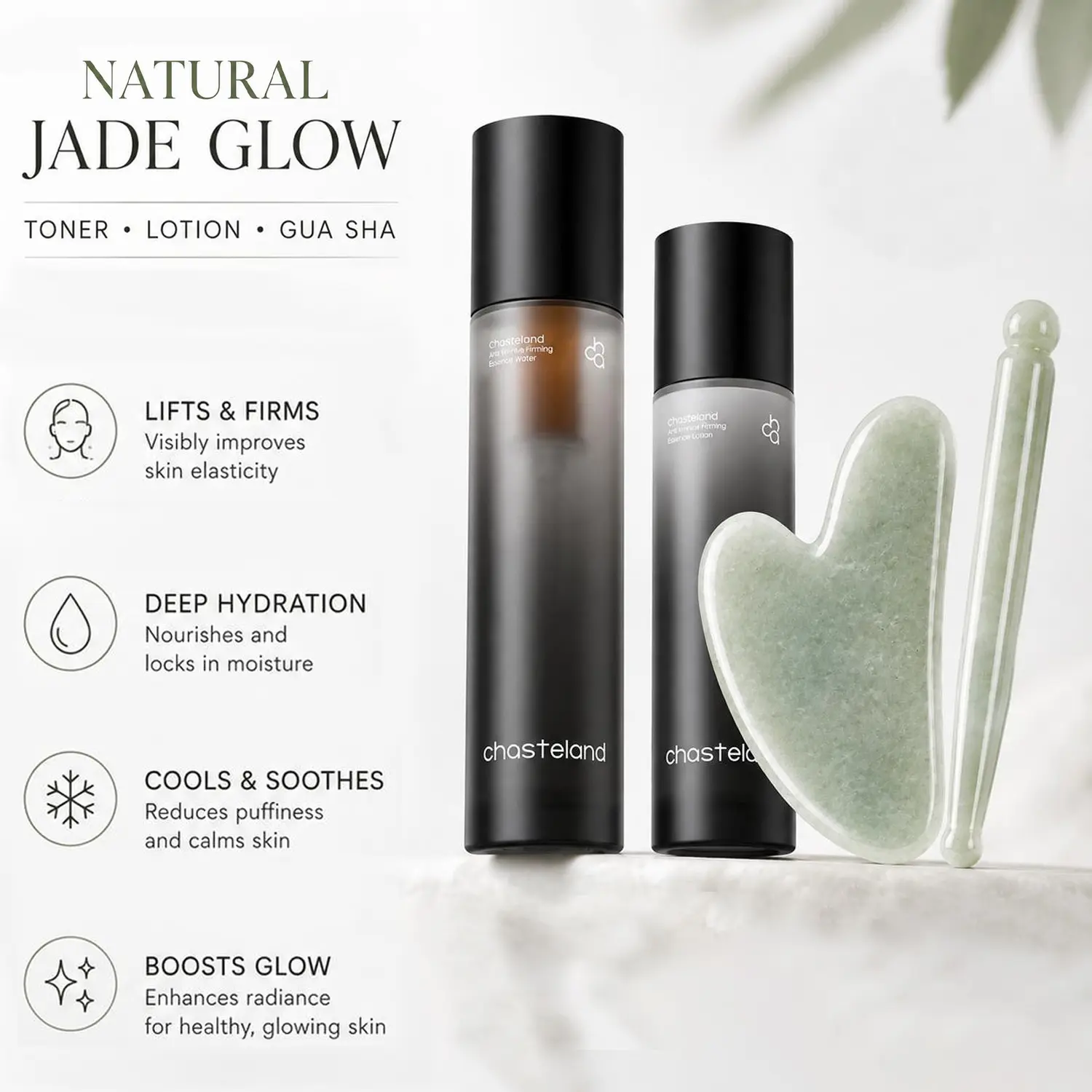Chasteland aging Brightening Regenerating Toner & Lotion — Targets photooxidation and glycation to help reduce wrinkles and improve skin firmness. Gentle and non‑irritating, suitable for sensitive skin. Helps combat dullness, roughness, sagging, and loss