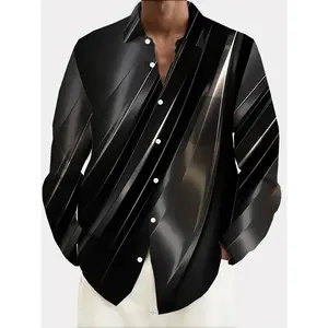 Men's Retro Geometric Gradient 3D Digital Print Long Sleeve Shirt - Black & White Contrast Button-Up with Pockets, Regular Fit Casual Office Wear, Machine Washable, Autumn Apparel |   Classic Collared Top |   Sophisticated Texture, PLUS SIZE Menswear