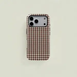 Brown and white checkered retro minimalist double-layer protective case, sturdy and durable 2-in-1 protective case, compatible with iPhone 17/16/15/14/13/12/11 Pro Max/Plus/Pro, and Samsung Galaxy S26/S25/S24/S23 Ultra/Plus series, simple and stylish