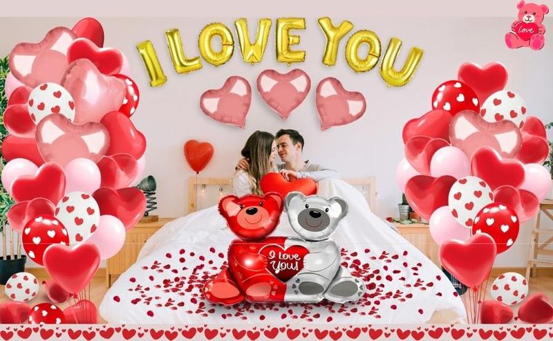 54PCS Valentine’s Day Heart Balloons Set with “I Love You” Foil Balloons, 1000 Silk Rose Petals & Hanging Decor for Wedding, Anniversary & Romantic Night Decorations