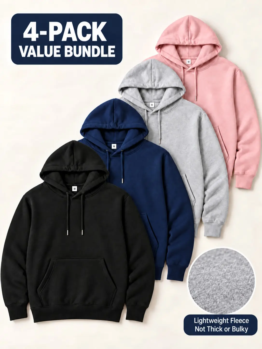 Men’s 4-Pack Lightweight Fleece-Lined Pullover Hoodies, Soft Polyester Sweatshirts with Kangaroo Pockets, Relaxed Fit Long-Sleeve Casual Workout Tops, Sizes M–3XL