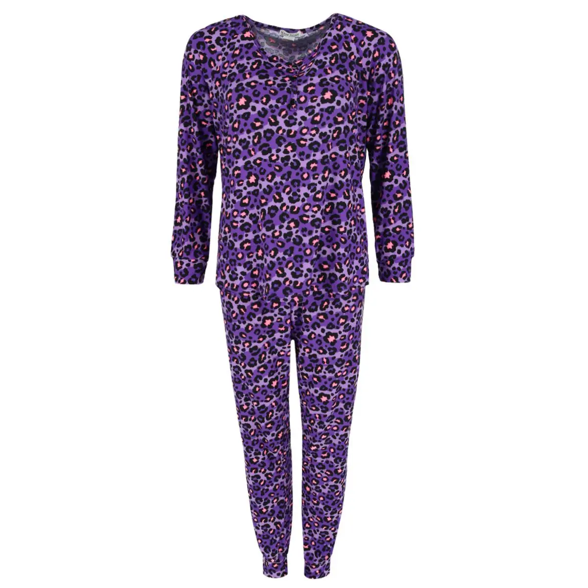 Women's Plus Size Leopard Print Jogger Pajama Set for Ladies - Long Pants, Stretchy Elastic Fabric, Cute Sleepwear Loungewear