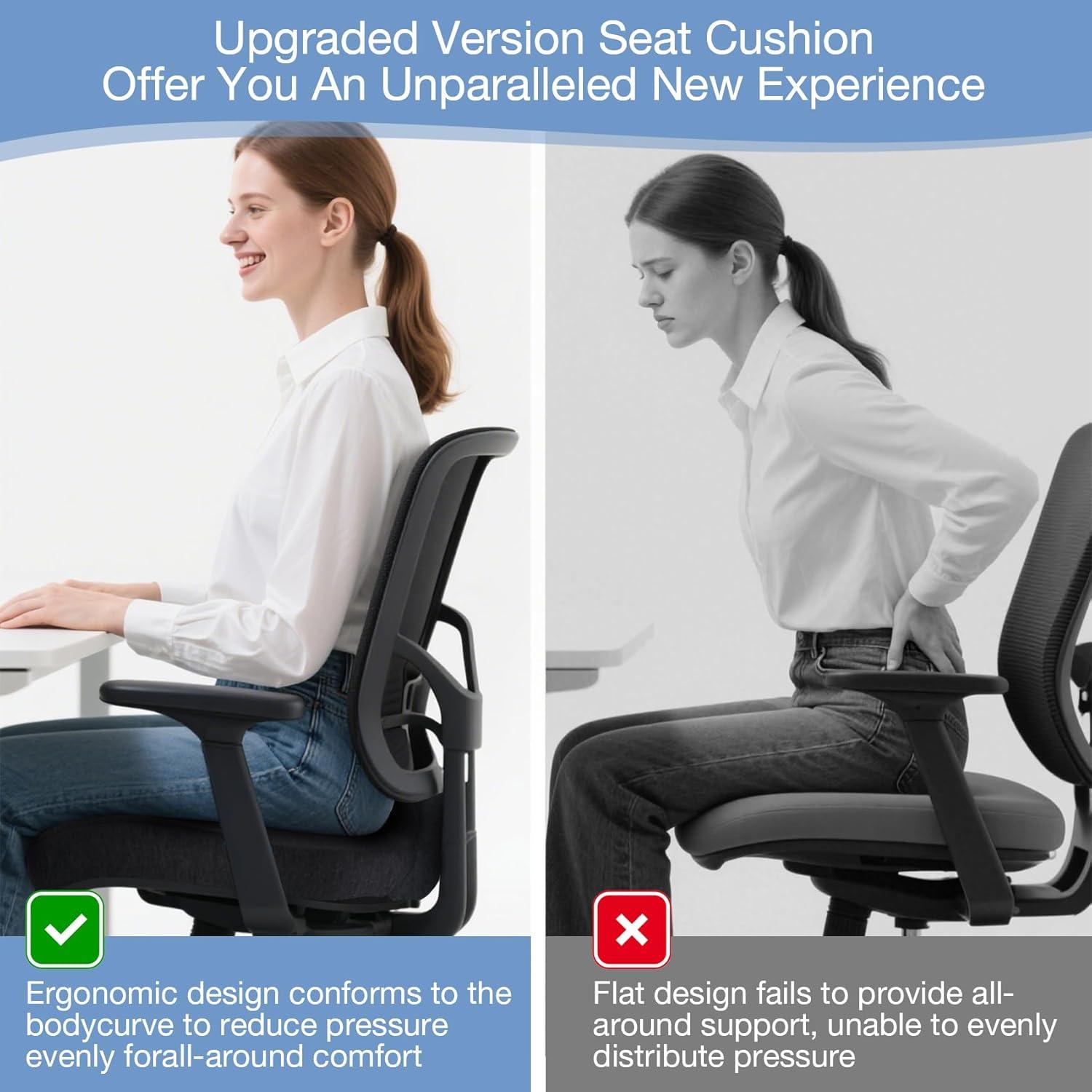 Non-Slip Memory Foam Seat Cushion, Skin-Friendly Material, Extended Zipper Design for Easy Removal and Cleaning, Comfortable Back Support, Breathable Fabric, Helps Relieve Leg Pressure, Black/Gray