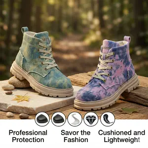 SEBOWEL Women's Tie Dye Canvas Boots 2026 Trend Chunky Platform Combat Boots Y2K Aesthetic Pink Purple Acid Wash Ankle Booties Lightweight Non-Slip Comfort Walking Shoes