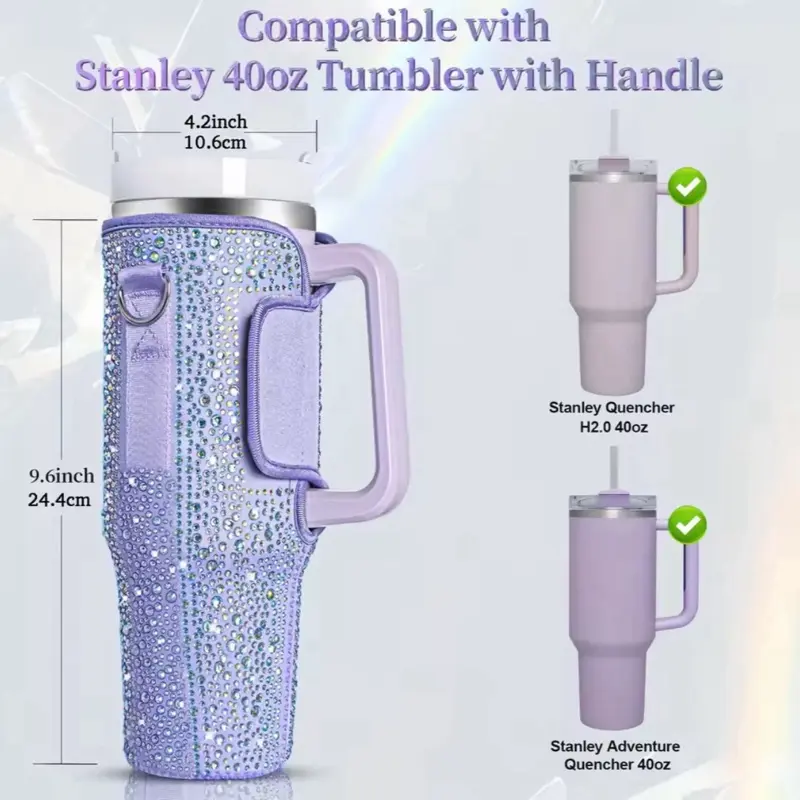Stanley Shiny Rhinestone Lanyard & Cup Protection Case Bag for 40oz Vacuum Bottles - Available in 4 Color Options - Compatible with Stanley 40oz Tumbler - Drinkware
