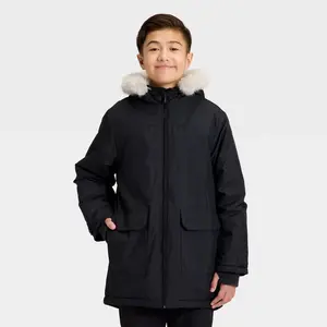 All In Motion Kids' Hooded Parka Jacket - Water-Resistant with Faux Fur Trim