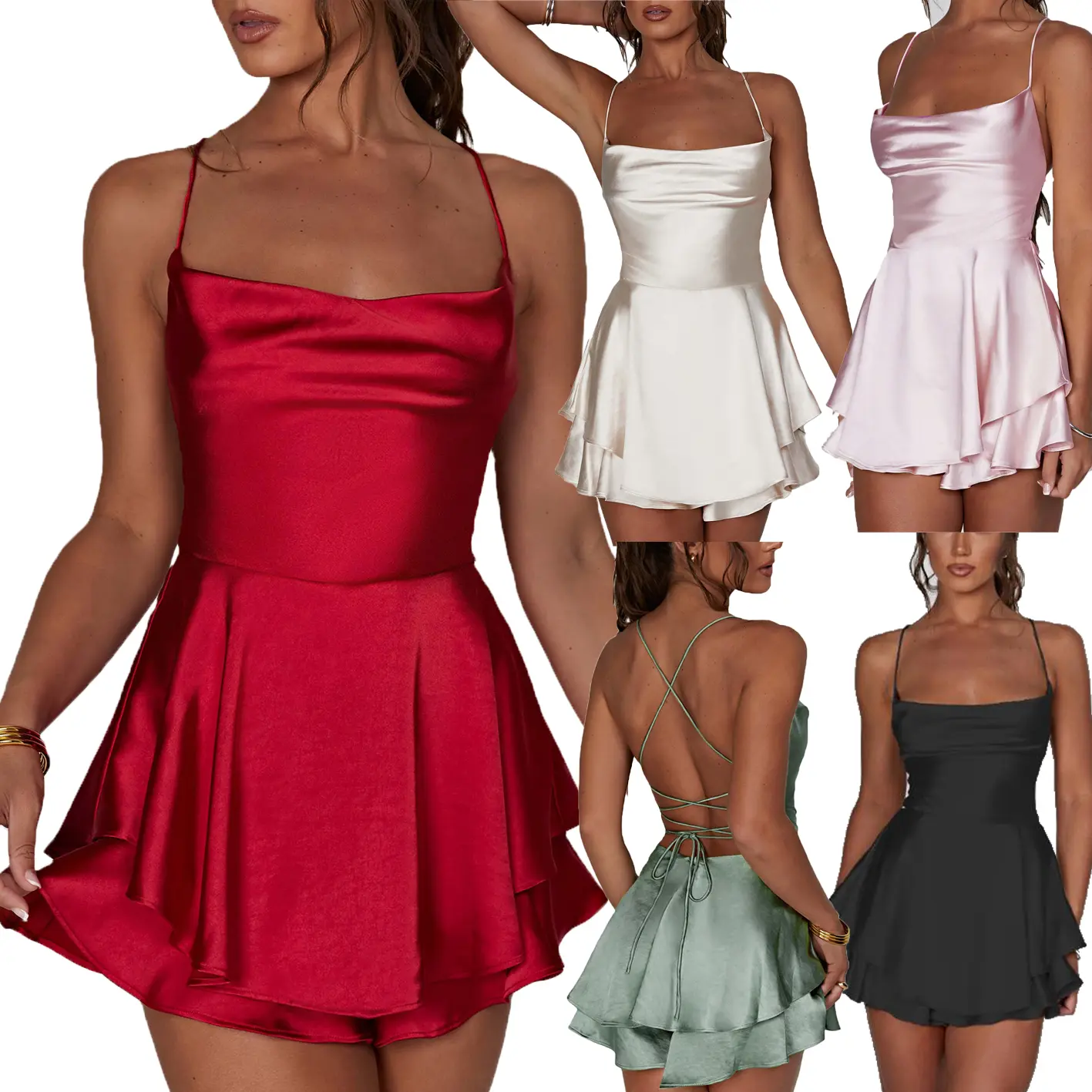 Backless Lace-up Sexy Dress Elegant Satin Backless Tie Up Mini Dress Chic Ruffles Layered A-line Y2k Dress Vintage Streetwear