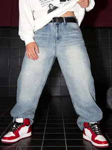 Men's Light Blue Rhinestone Loose Straight Leg Jeans, All-Over Bling Style Fashionable Streetwear, Must-Have Neon Party Pants