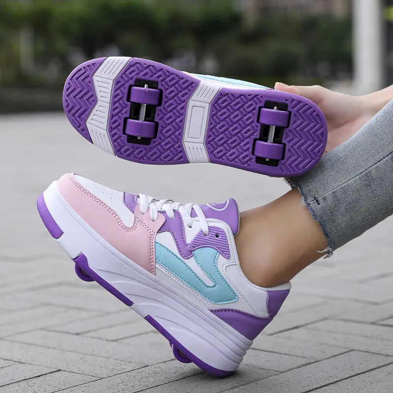 Unisex Casual Roller Skates, Contrast Color Thick-Sole Lace-Up Shoes with Detachable 4-Wheels for All Seasons Skating, Laces, Shoes With Wheels, Casual Skating