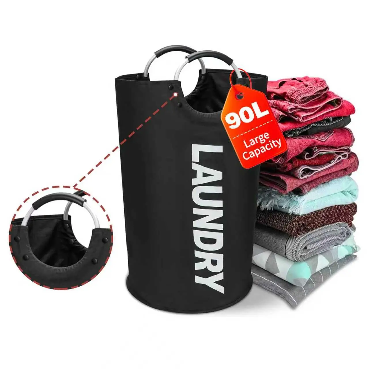 90L Multipurpose Laundry Storage Bag Foldable Waterproof 600D Oxford Material Anti Tear Reinforced Edging Large Capacity Dirty Garment Container For Dorm Apartment RV Camping Closet Household Tidying Organizer