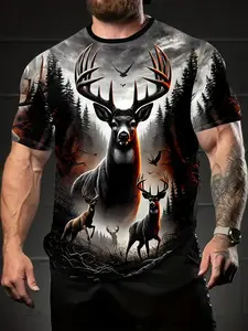 Adult Short Sleeve Round Neck Top, Deer Design Forest Background, Outdoor Activities Social Gatherings Casual Wear, Breathable Fabric