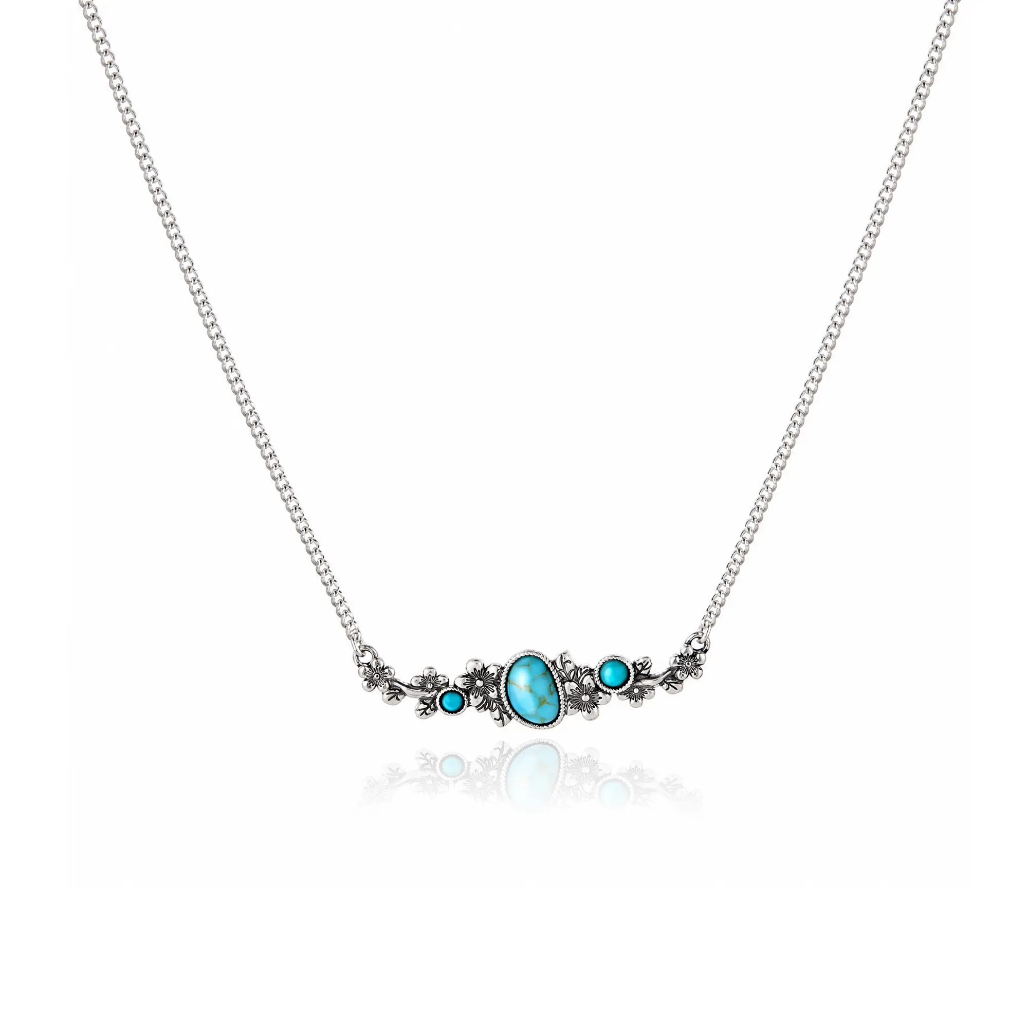 Wrangler Women's Southwestern Floral Motif Bar Necklace - Antique Gold Created Turquoise Pendant, Adjustable Size Cuban Link Chain, Boho Western Jewelry, Birthday Gift Ideas, Girlfriend Birthday Gift