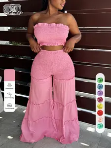Boho Chic Smocked Tube Top & Tiered Ruffle Wide Leg Pants Set – Breathable Summer Vacation Two-Piece Outfit
