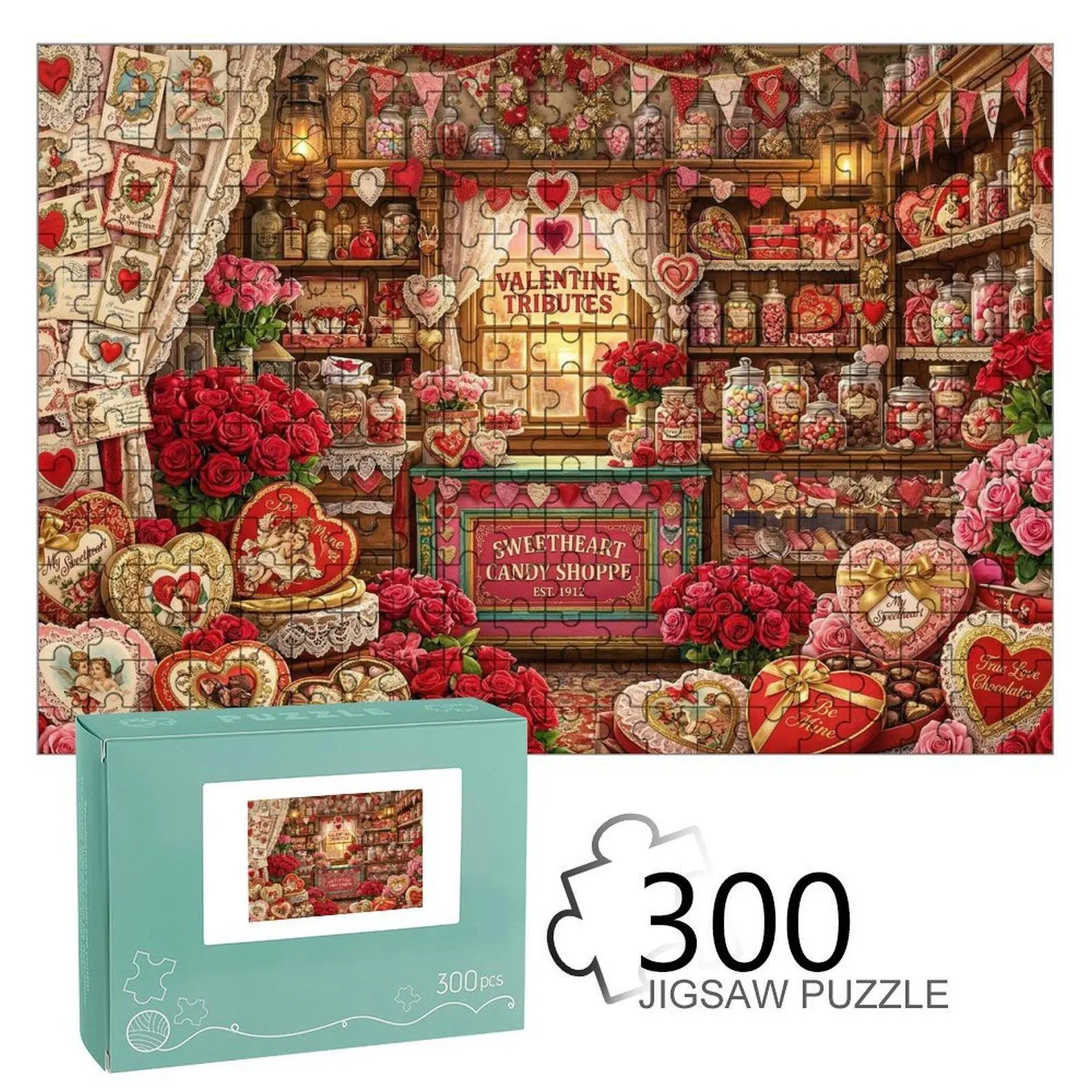 Premium Vintage Romantic Red Heart Rose Jigsaw Puzzle - Valentine's Day Tribute, Candy Shop-Themed House Decoration, Ideal for Family Fun & Gifting